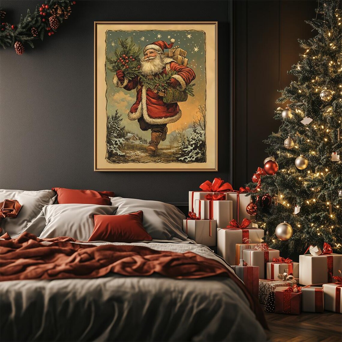 Vintage Santa Carrying Gifts Through A Snowy Night Christmas Poster - Image 3