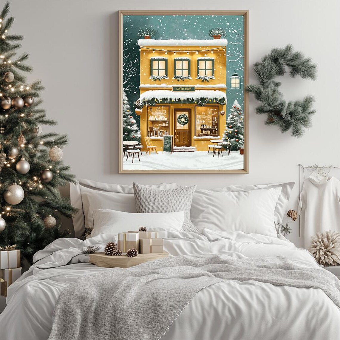 Snowy Yellow Coffee Shop Front Winter Street Scene Painting Poster - Image 2