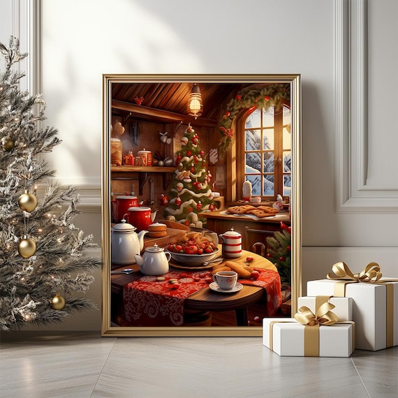 Cozy Christmas Kitchen Cottage Holiday Tea Time Painting Poster
