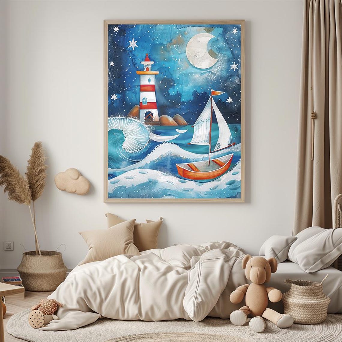 Lighthouse And Sailboat Under Starry Night Sky Nursery Poster - Image 3