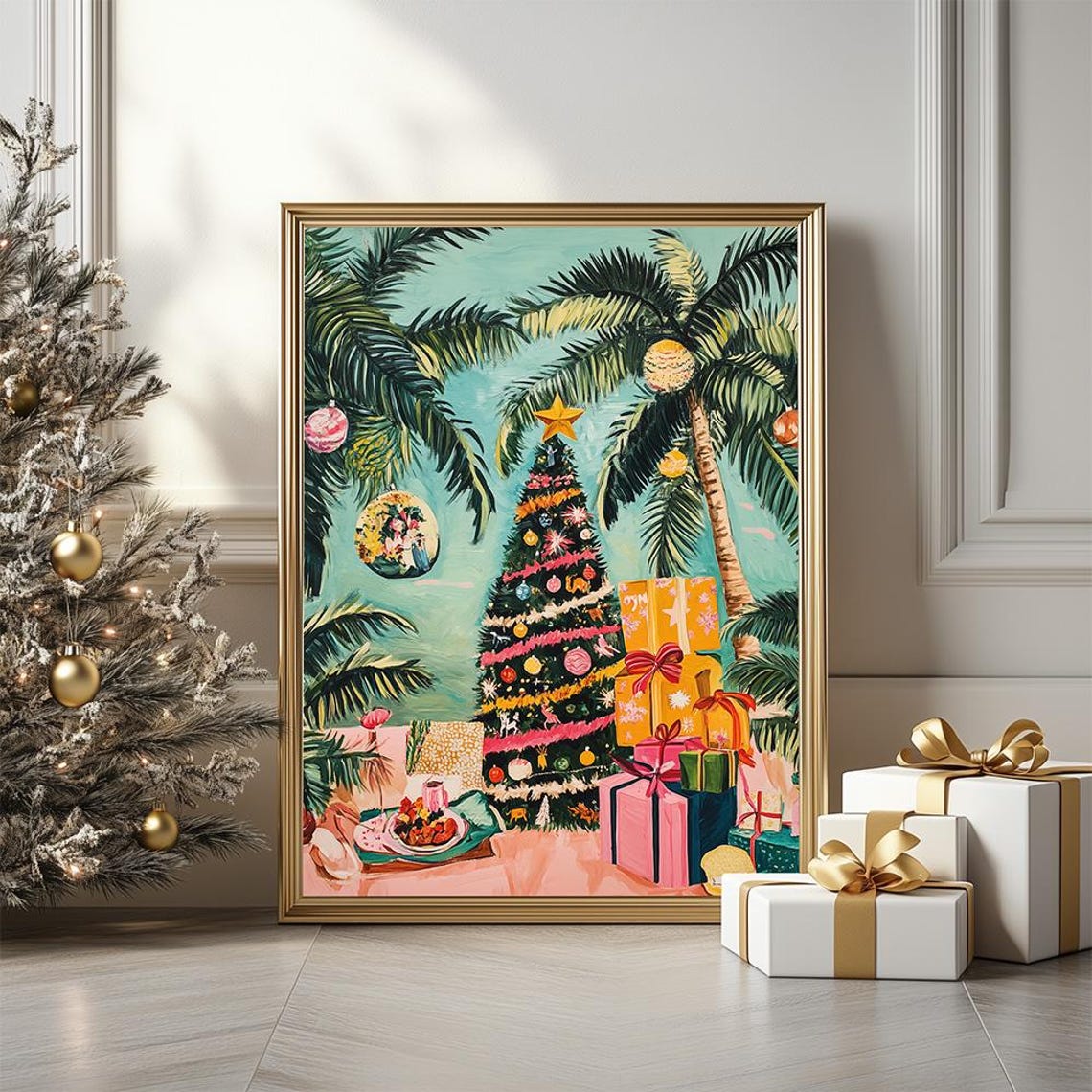 Tropical Christmas Tree with Palm Trees Beach Holiday Poster