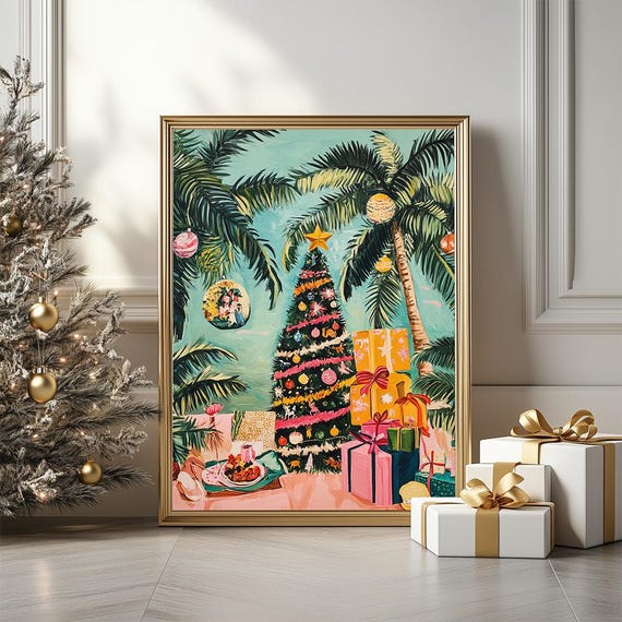 Tropical Christmas Tree Art Print Christmas In Summer Island Poster Funny Festive Art Decor Beach Holiday