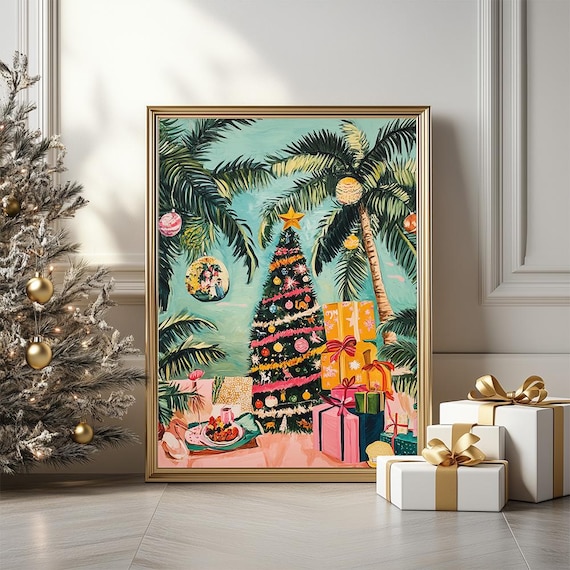 Tropical Christmas Tree with Palm Trees Beach Holiday Poster