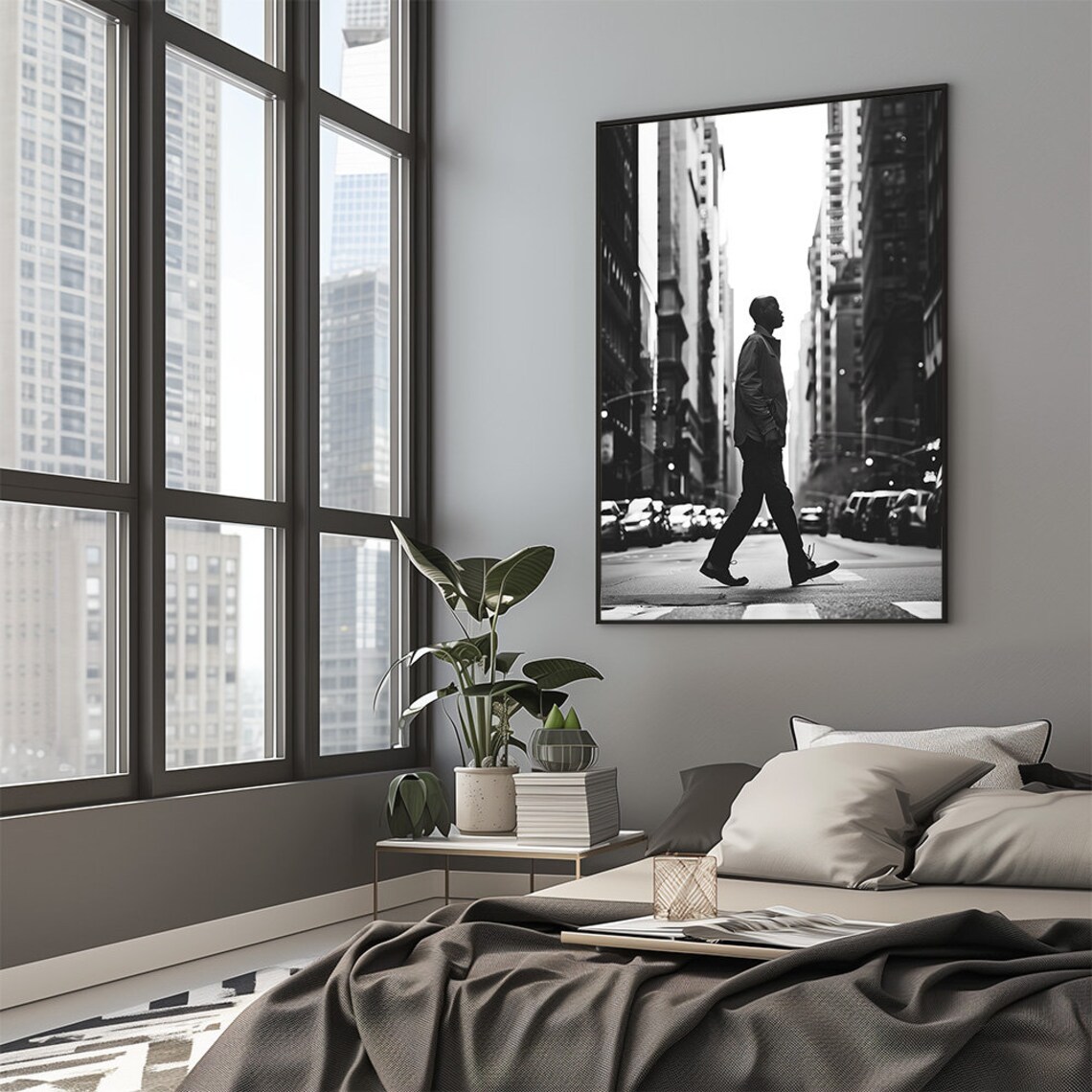 Young Man Walking City Street Black White Photography Poster - Image 2