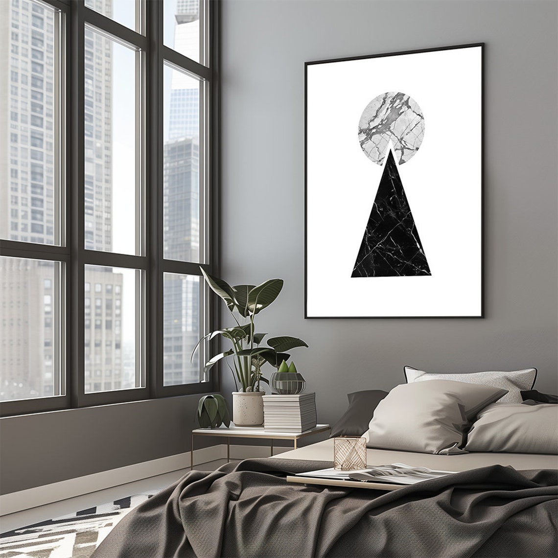 Modern Marble Geometric Art Black Triangle White Circle Minimal Poster - Image 2