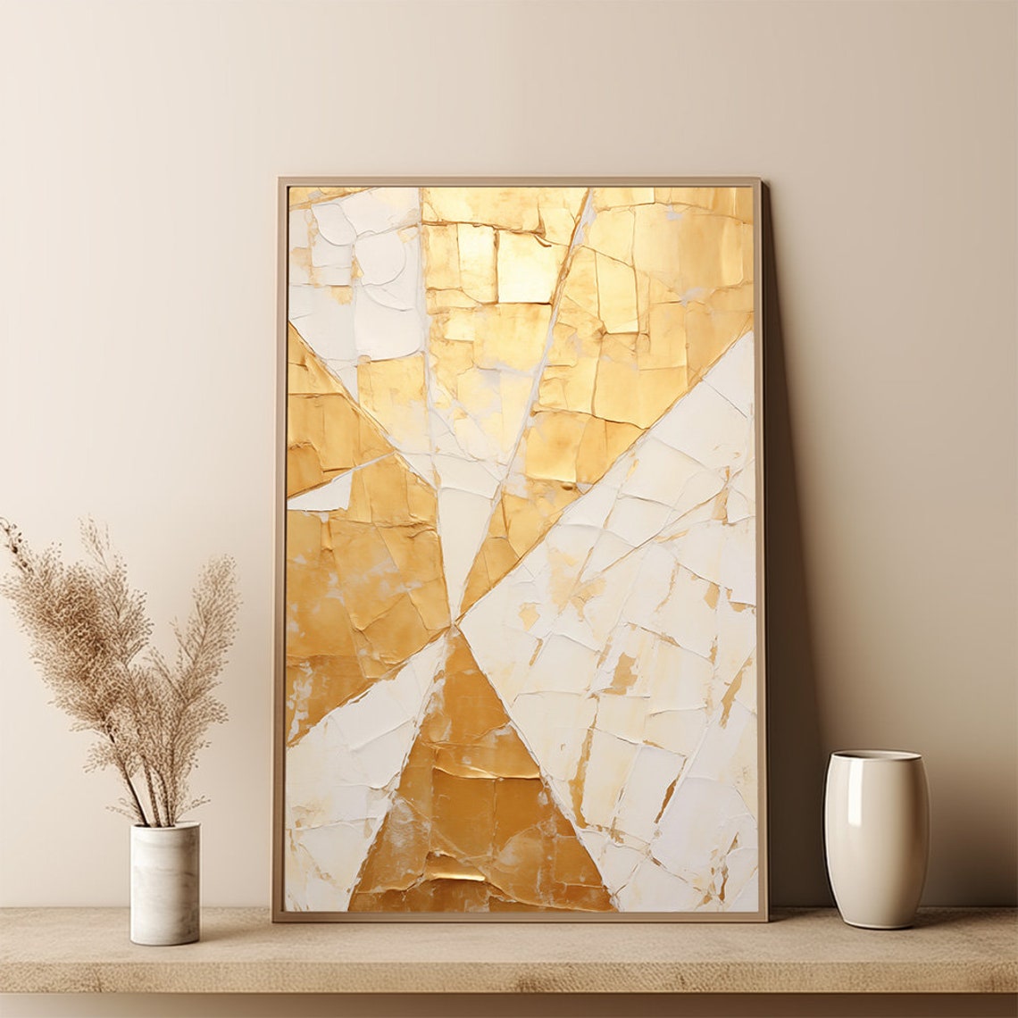 Gold And White Cracked Texture Abstract Painting Modern Art Poster - Image 2