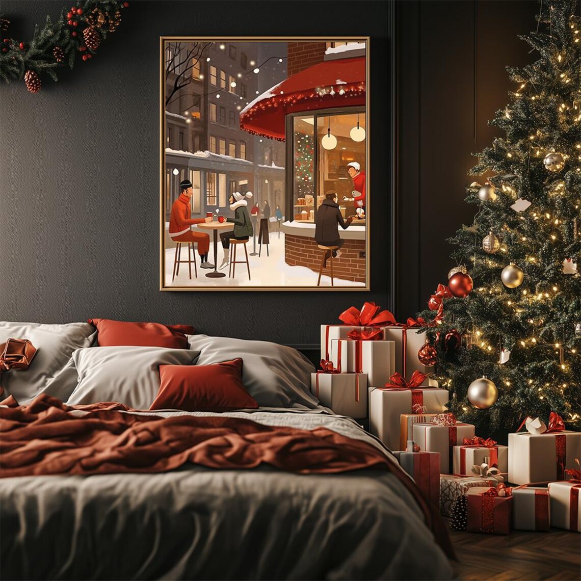 Cozy Snowy Street Cafe At Dusk Couples With Coffee Winter Poster - Image 3