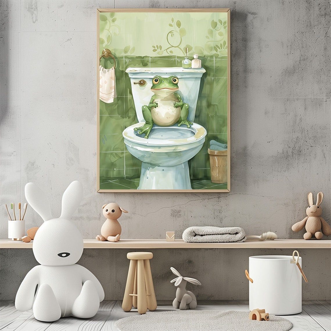 Adorable Frog In Toilet Bathroom Print Animal Art For Kids Bathroom Green Color Cute Animal Illustration Restroom Poster - Image 3