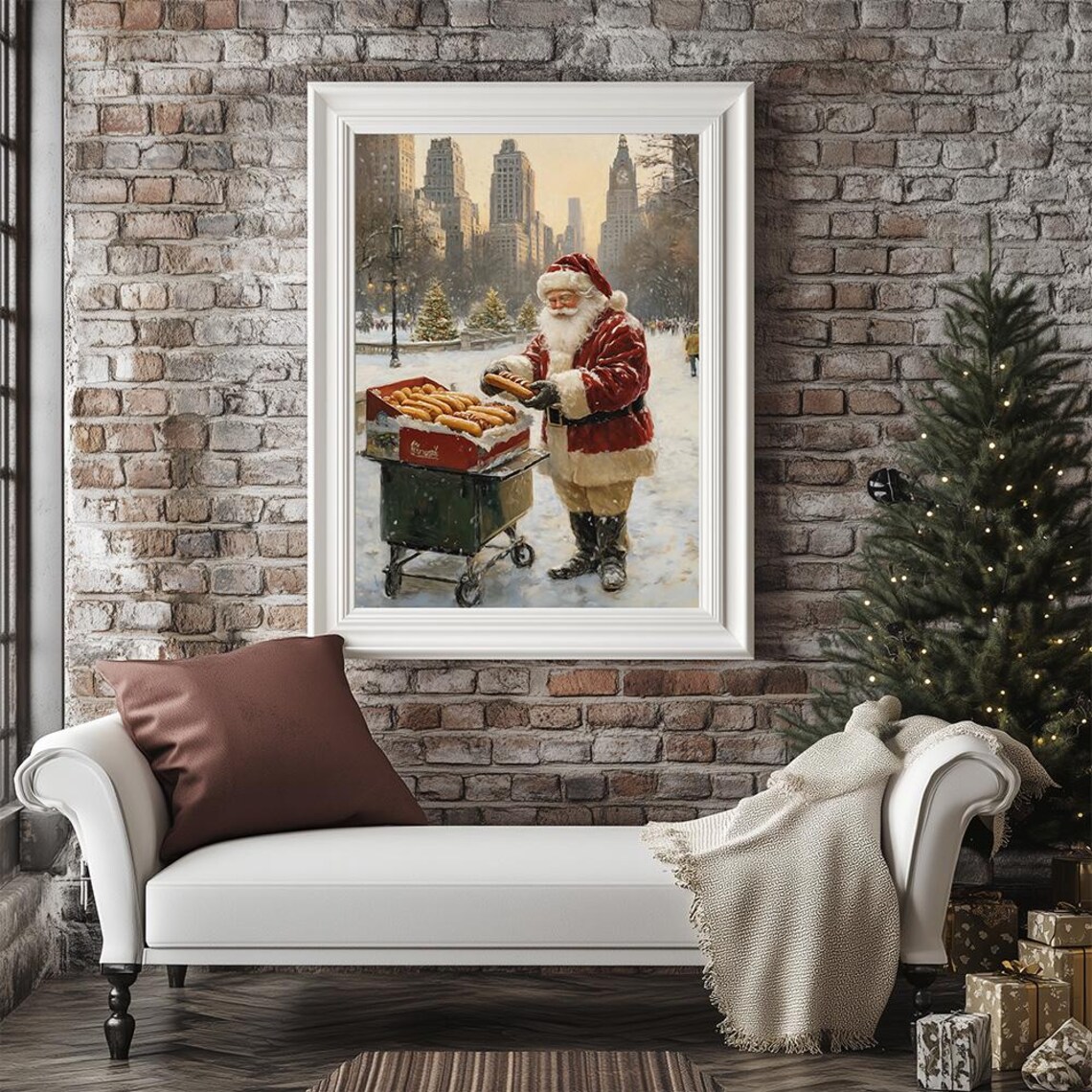 Santa Claus Selling Hotdogs in Snowy City Christmas Art Poster - Image 3