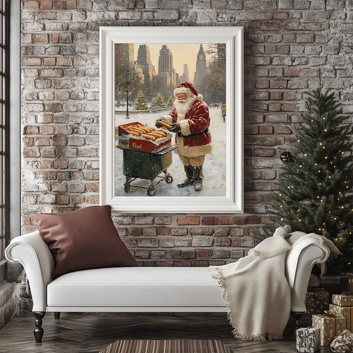 Santa Selling Hotdog In Winter Christmas Poster Santas Snack Cart In City Vintage Christmas Print Funny Christmas Card - Image 3