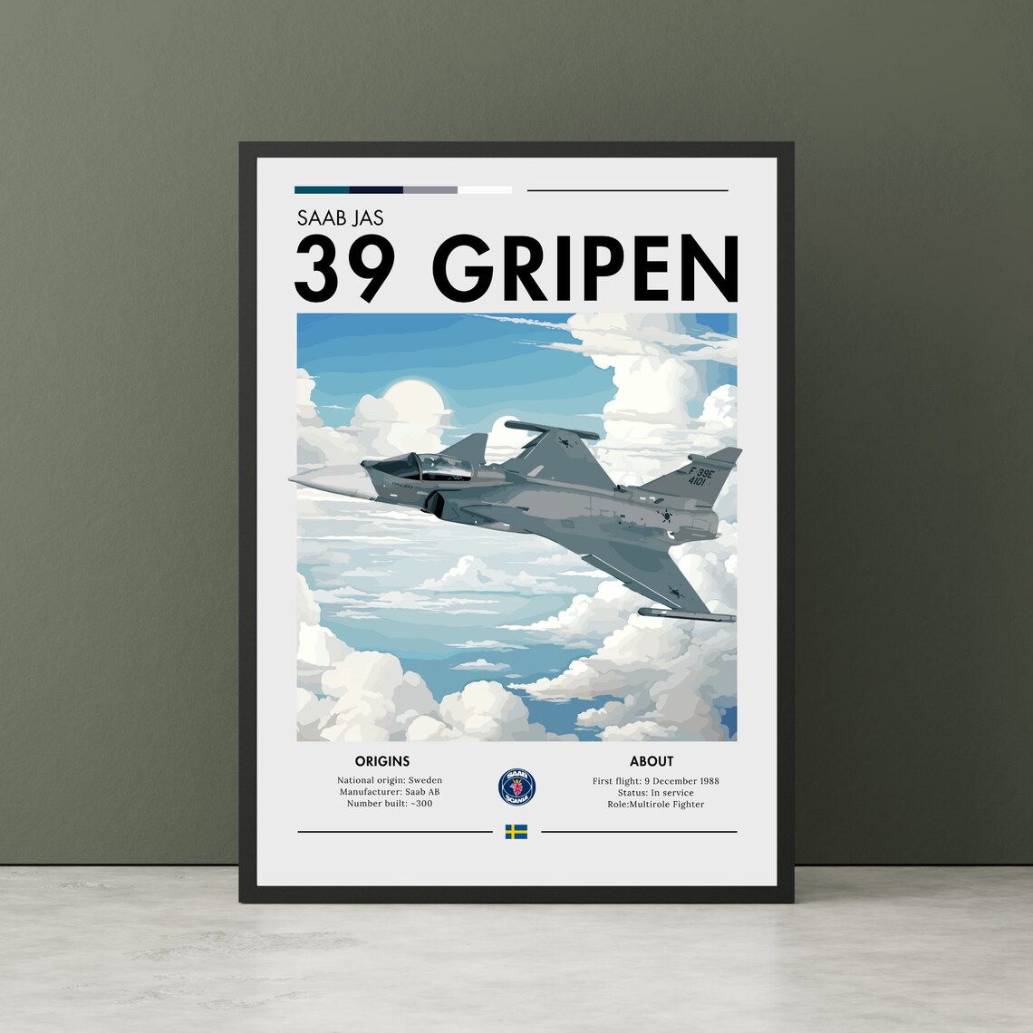 Saab JAS 39 Gripen Swedish Aviation Art Poster