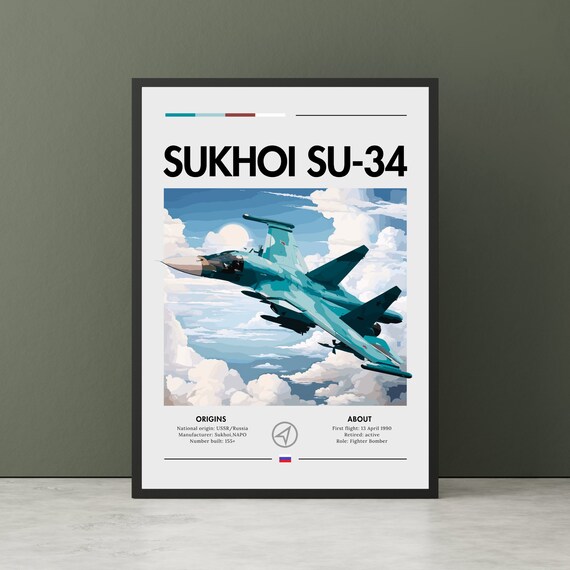 Sukhoi SU-34 Fighter Bomber Aircraft Profile Poster With Specs