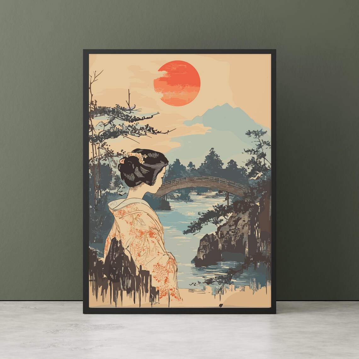 Geisha Watching Sunset Over Bridge Japanese Woodblock Poster