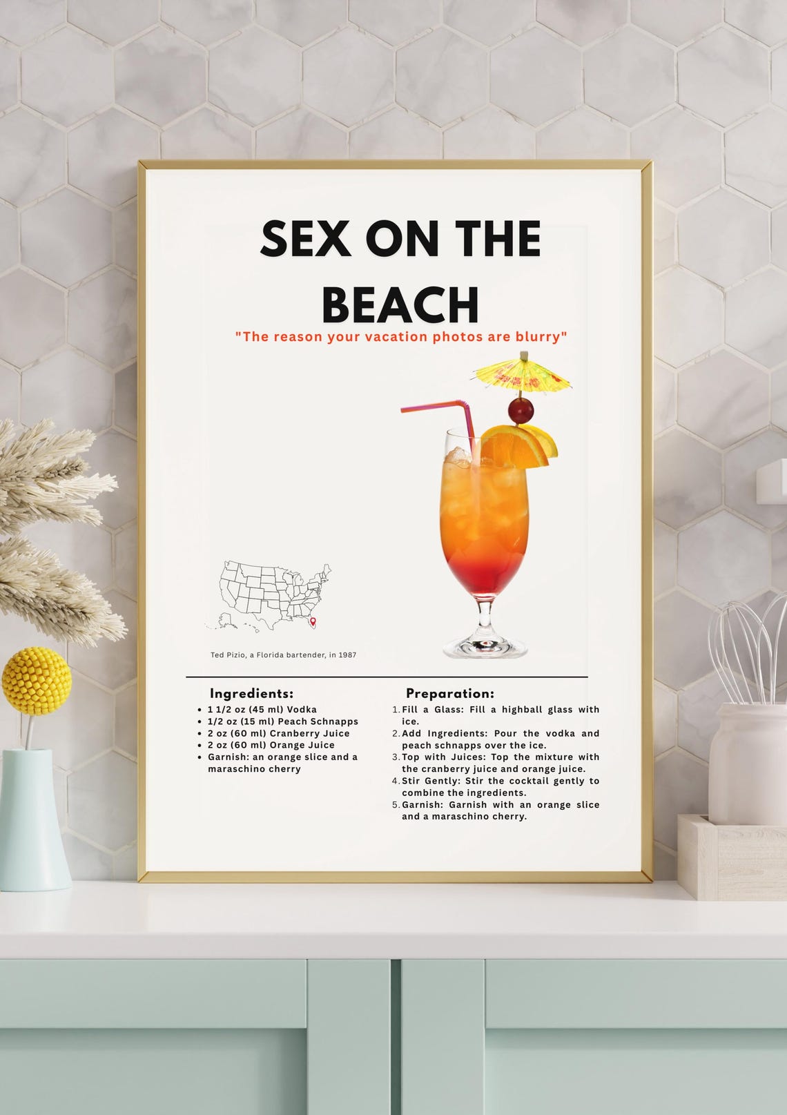 Sex on the Beach Cocktail Recipe Poster with Preparation Steps