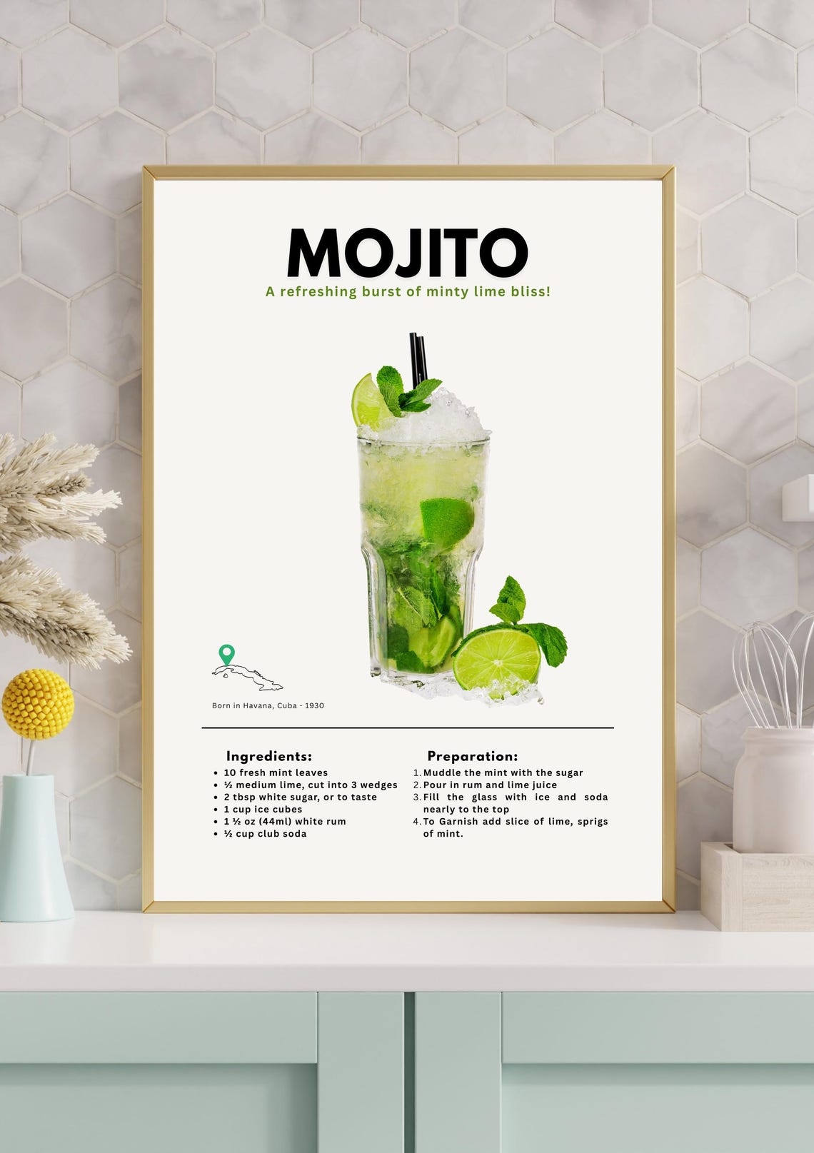 Mojito Cocktail Recipe Born In Havana Cuba Bar Kitchen Wall Poster
