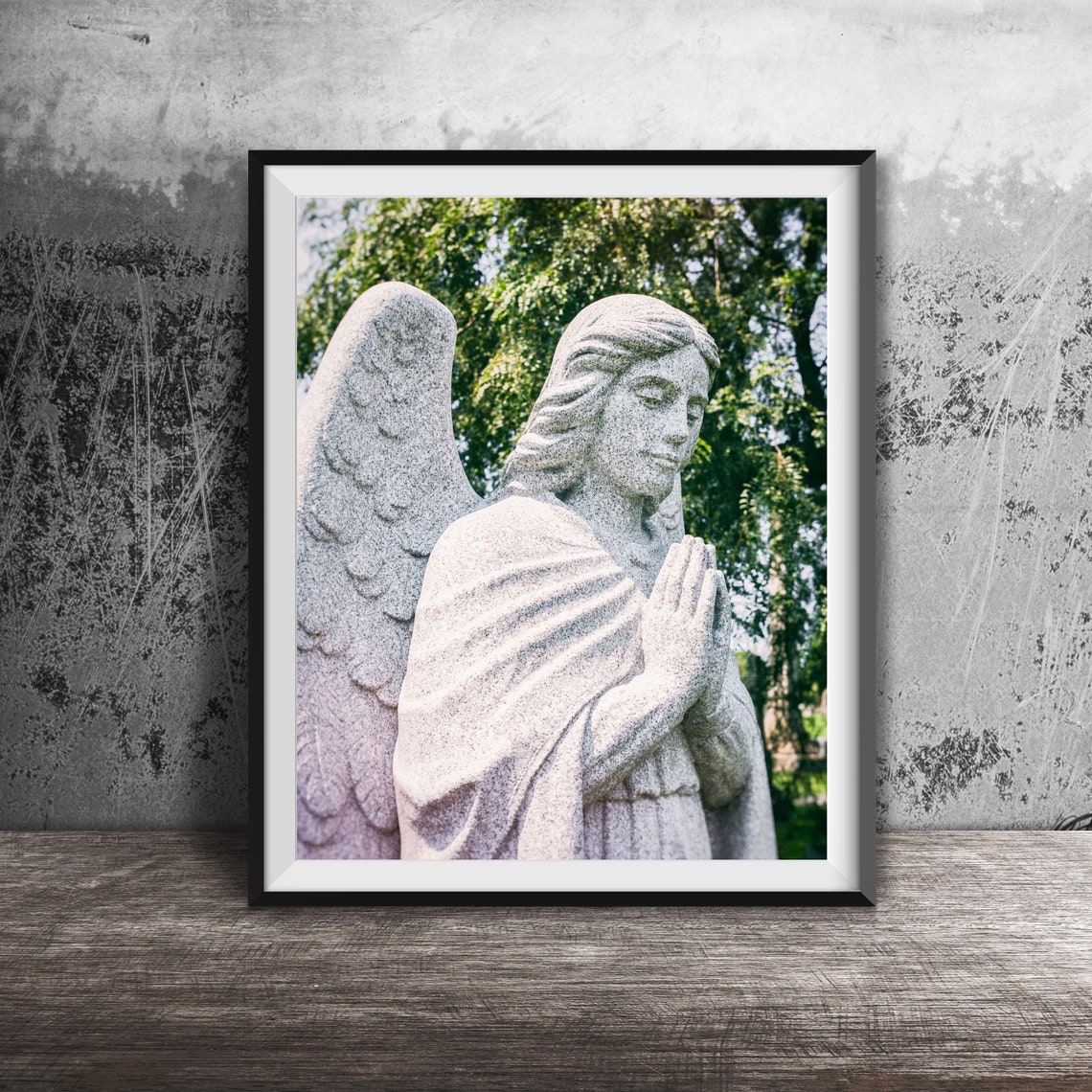 Praying Guardian Angel Stone Statue Cemetery Photography Poster