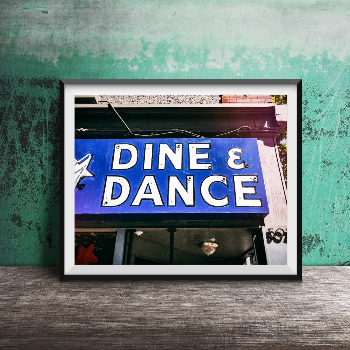 Vintage Dine and Dance Blue Neon Style Sign Photography Poster