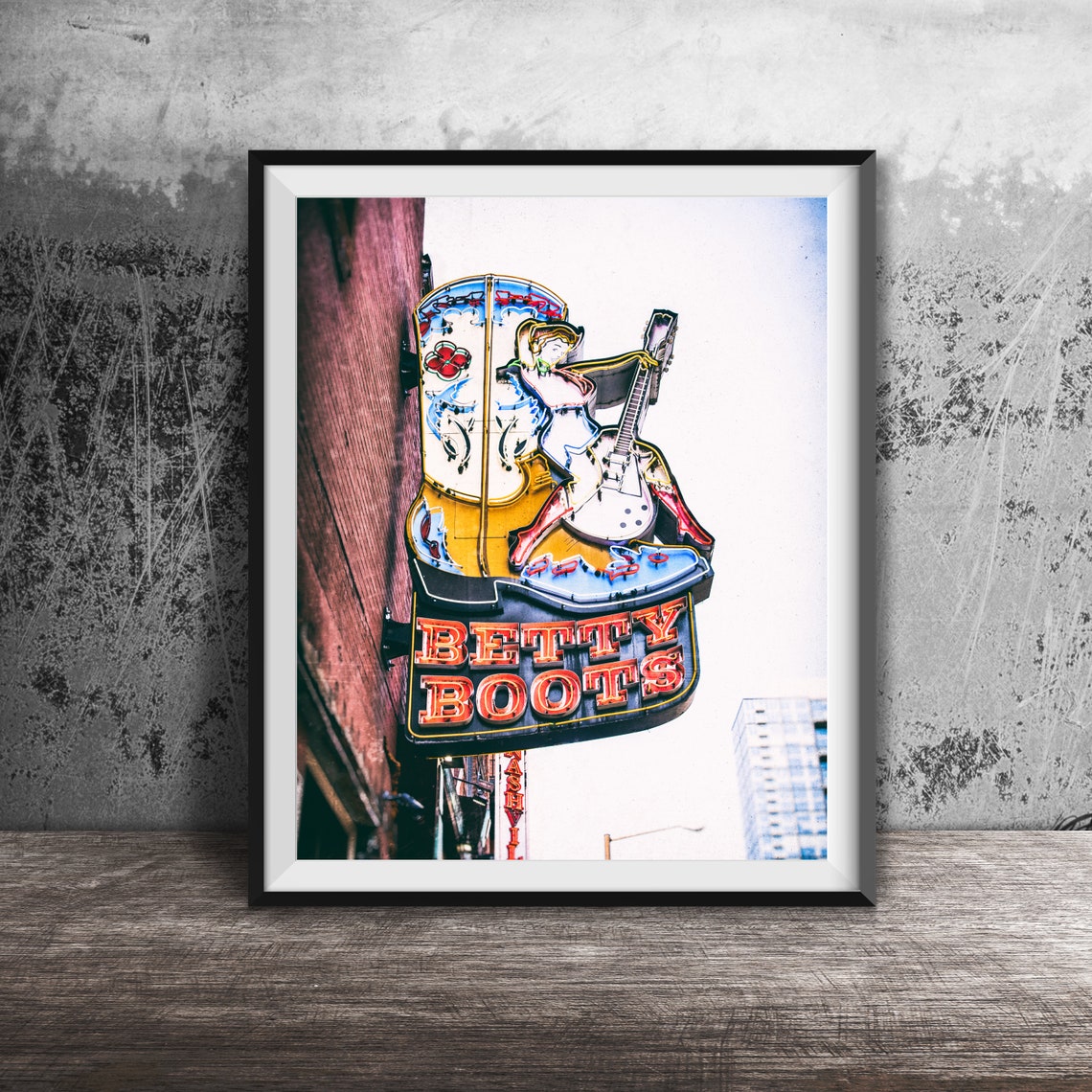 Betty Boots Cowgirl Guitar Neon Sign Nashville Broadway Poster