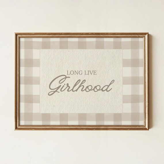 Long Live Girlhood Beige Gingham Check Cozy Nursery Wall Art