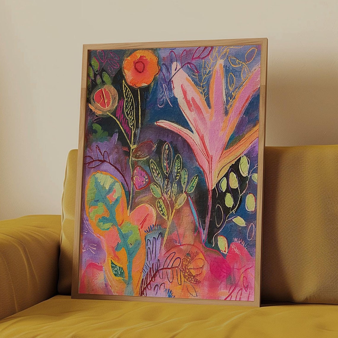 Dark Botanical Abstract Painting Poster with Orange Poppies on Navy