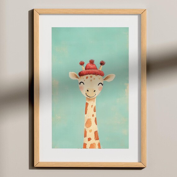 Smiling Giraffe with Red Beanie Watercolor Nursery Art Poster