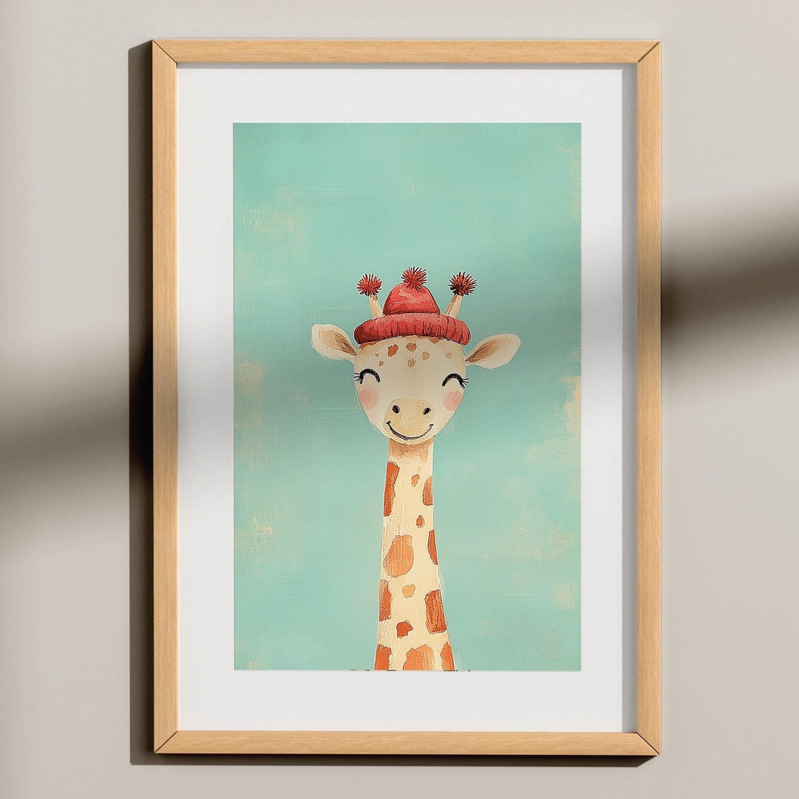 Smiling Giraffe with Red Beanie Watercolor Nursery Art Poster