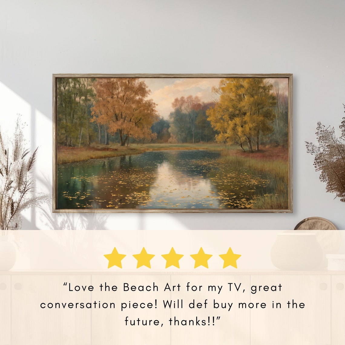 Tranquil Pond with Autumn Reflections and Floating Leaves Poster - Image 2
