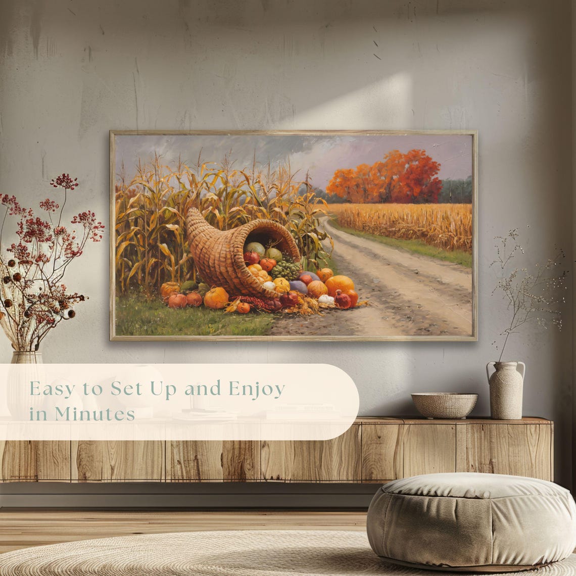 Cornucopia of Harvest Produce by Dirt Road Golden Cornfield Poster - Image 5