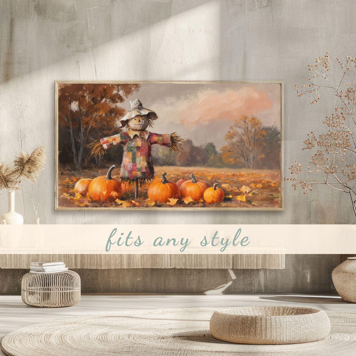 Patchwork Scarecrow Among Pumpkins Autumn Field Vintage Poster - Image 3