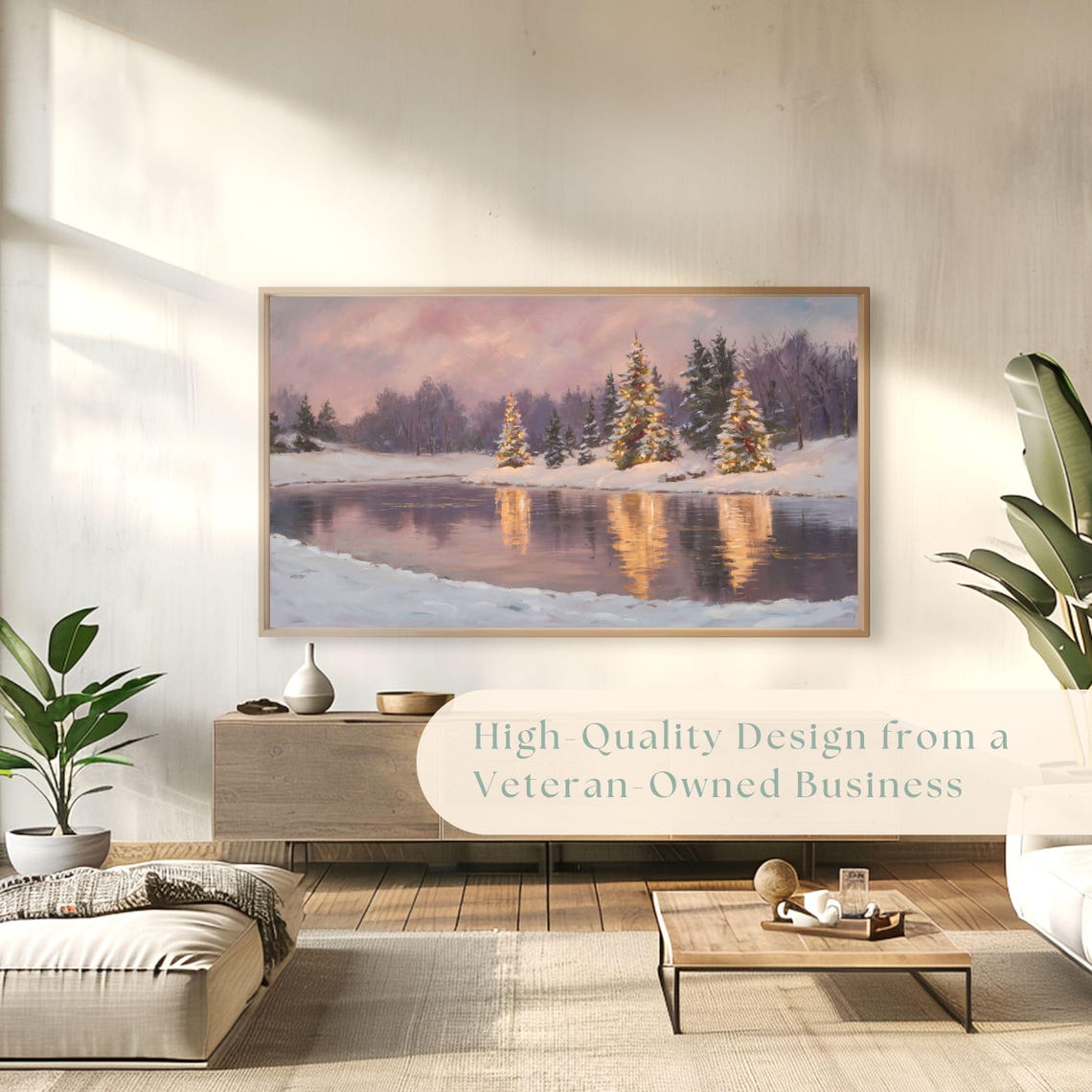 Lit Christmas Trees Reflected In Frozen Lake Pink Dusk Holiday Poster - Image 4