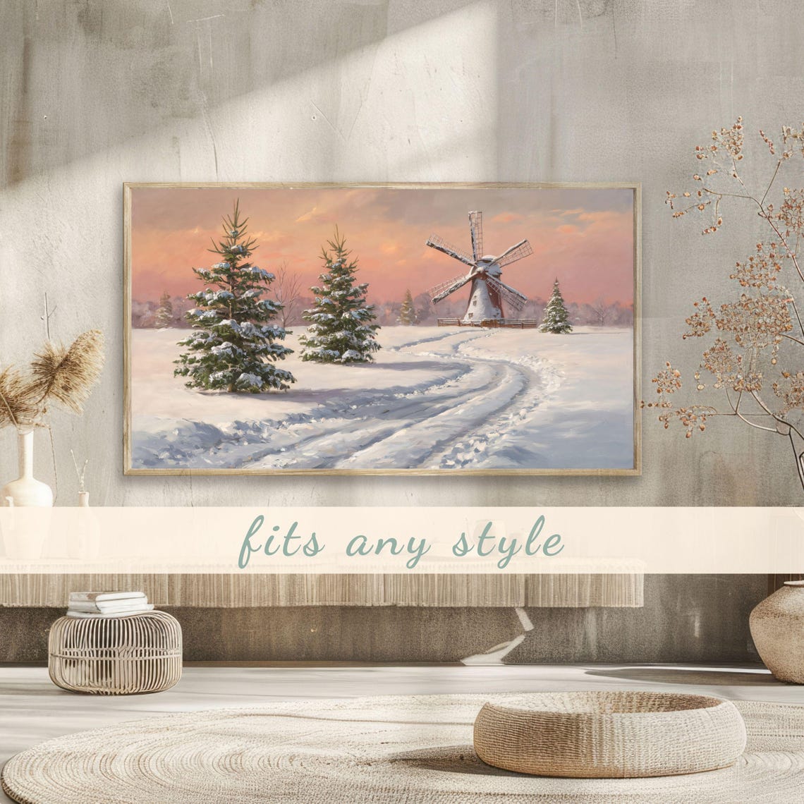 Snowy Windmill Among Frosted Pines Pink Sunset Winter Landscape Poster - Image 3