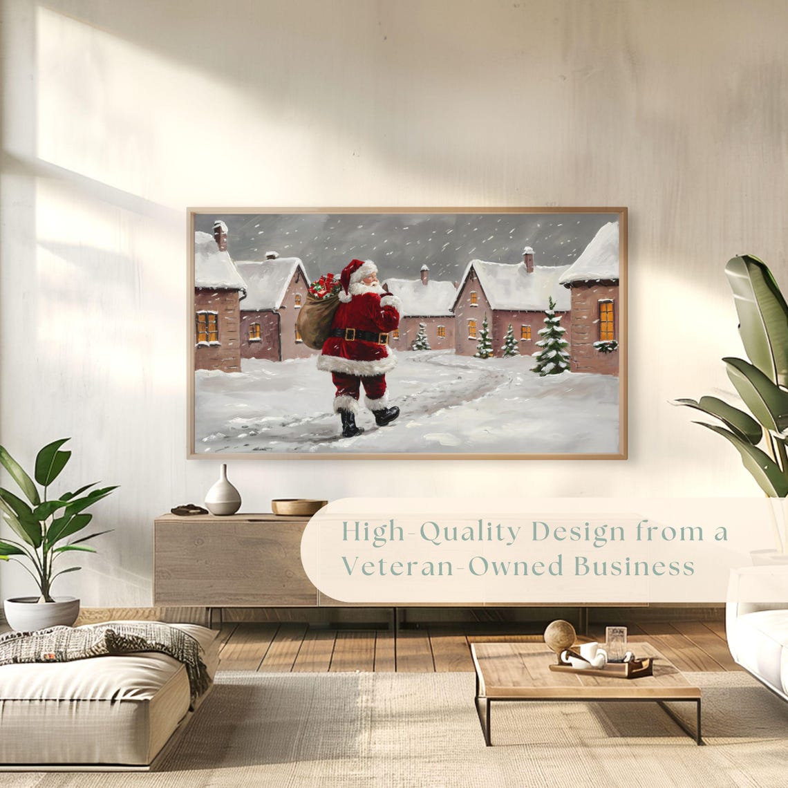 Santa Claus Walking Snowy Village Street with Gift Sack Poster - Image 4