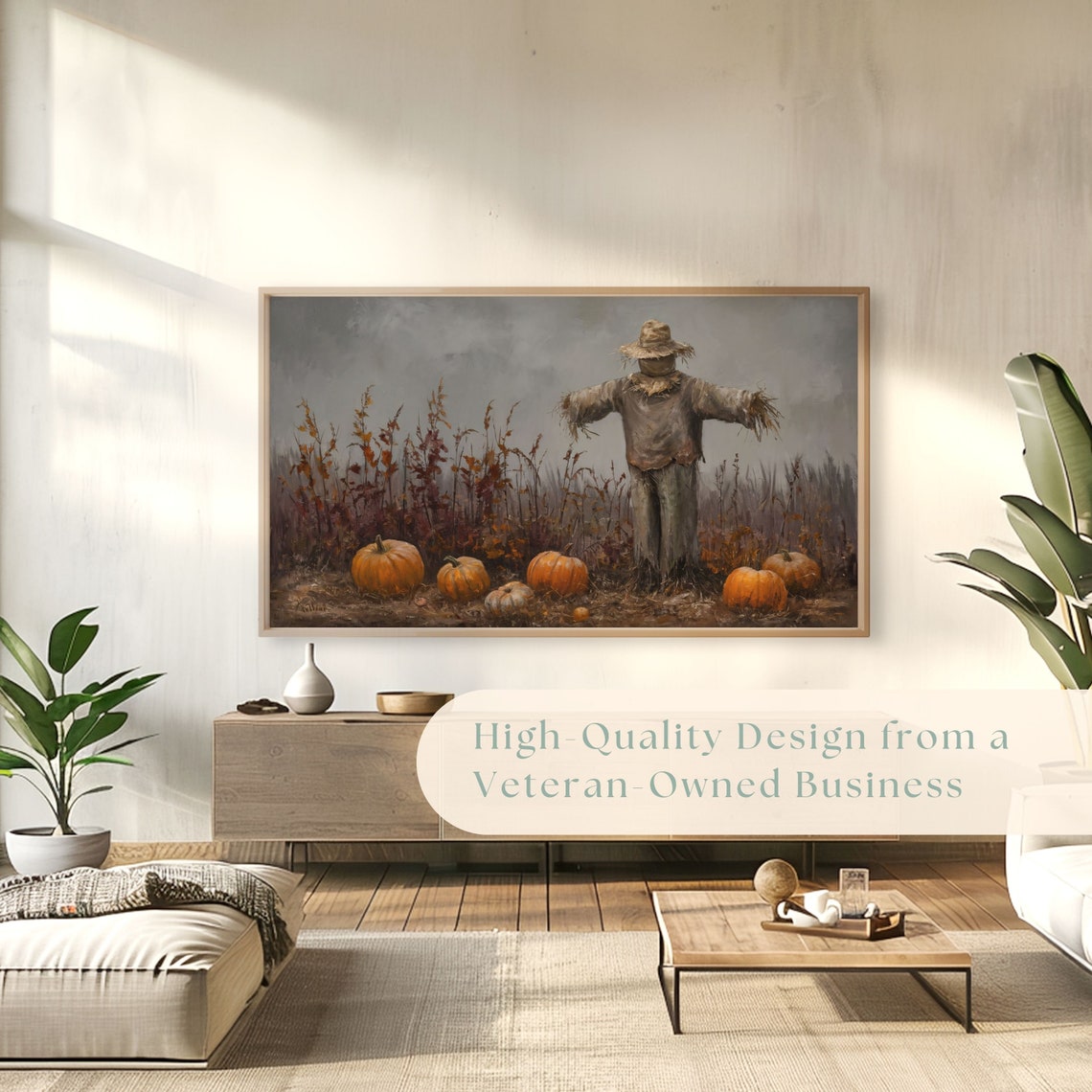Moody Scarecrow in Autumn Pumpkin Field Under Gray Sky Poster - Image 4