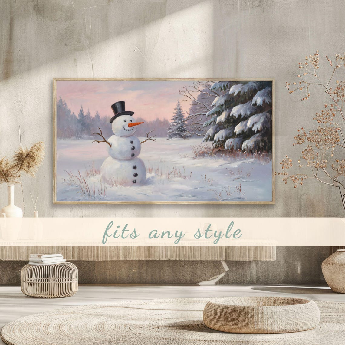 Snowman Top Hat Pink Dusk Snowy Winter Forest Painting Poster - Image 3
