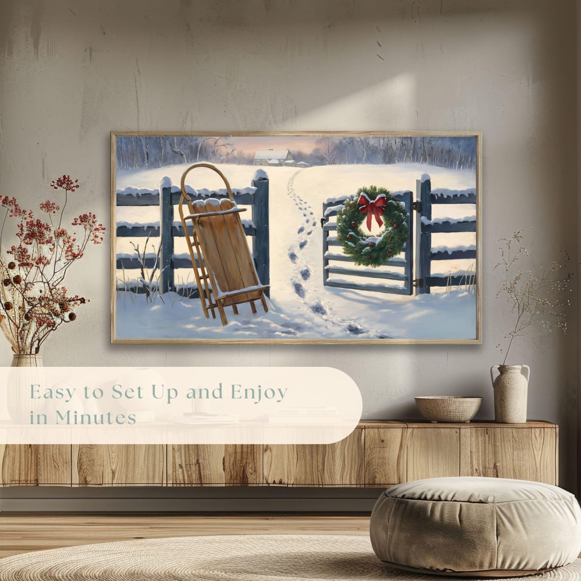 Vintage Wooden Sled Snowy Fence Wreath Winter Painting Poster - Image 5