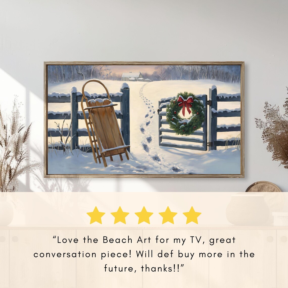 Vintage Wooden Sled Snowy Fence Wreath Winter Painting Poster - Image 2
