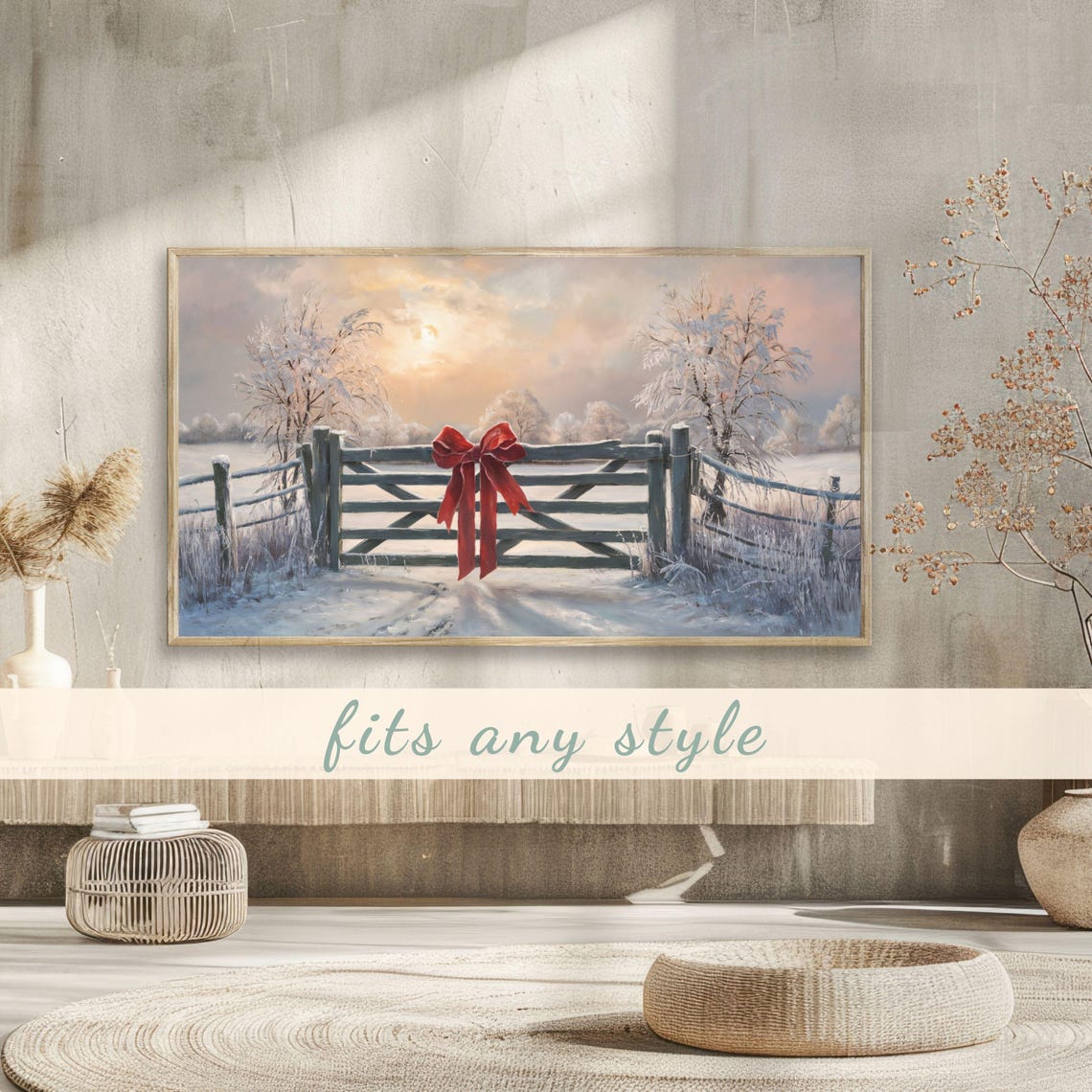 Rustic Wooden Farm Gate Giant Red Bow Snowy Sunrise Winter Poster - Image 3