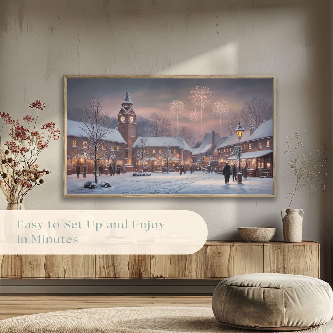 Snowy Village Square Clock Tower Fireworks Night Painting Poster - Image 5