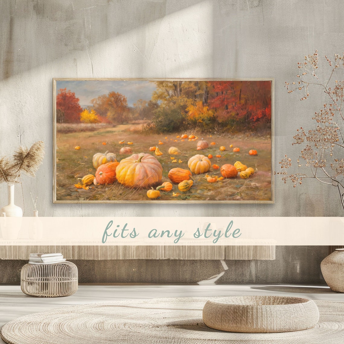 Countryside Field Scattered with Pumpkins Gourds Autumn Trees Poster - Image 3