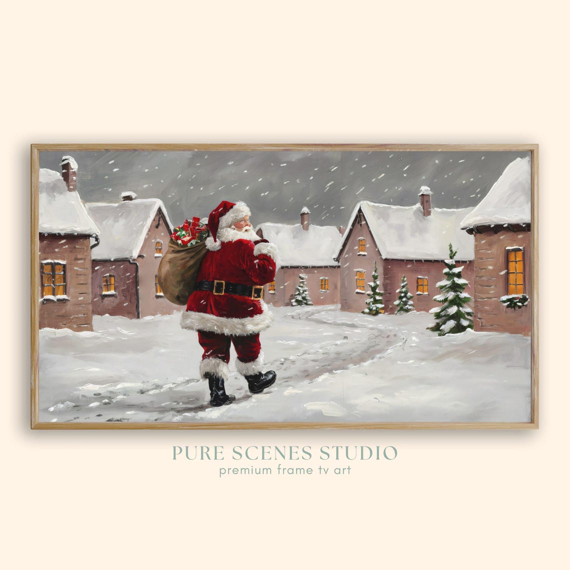 Christmas Frame Tv Art Santa Claus In Snow Covered Village Cozy Winter Decor Vintage Holiday Tv Art Santa Scene Festive Winter