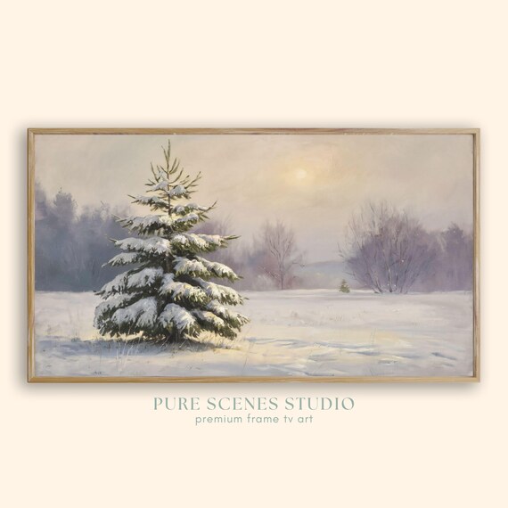 Lone Snow Covered Pine Tree Winter Field Minimalist Painting Poster