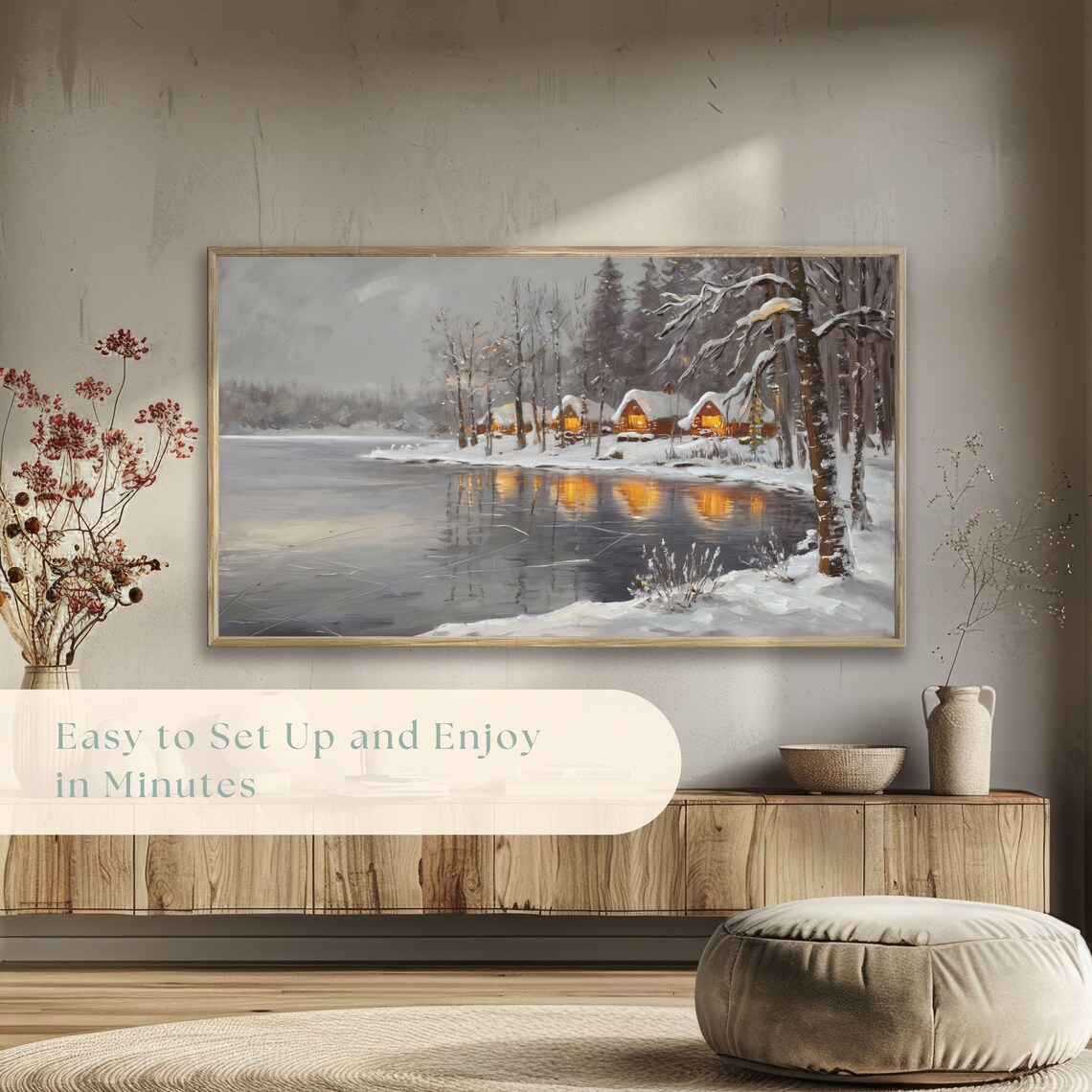 Snowy Lakeside Cabins Golden Lights Cozy Winter Painting Poster - Image 5