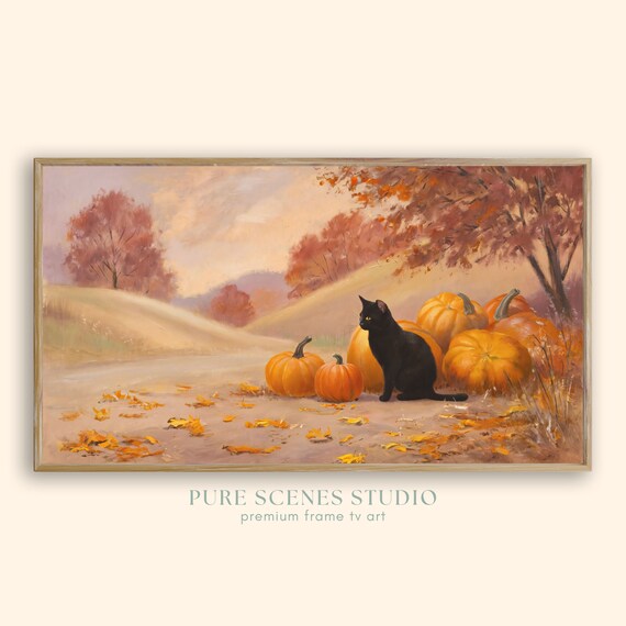 Black Cat Among Pumpkins on Autumn Country Road Cozy Fall Poster