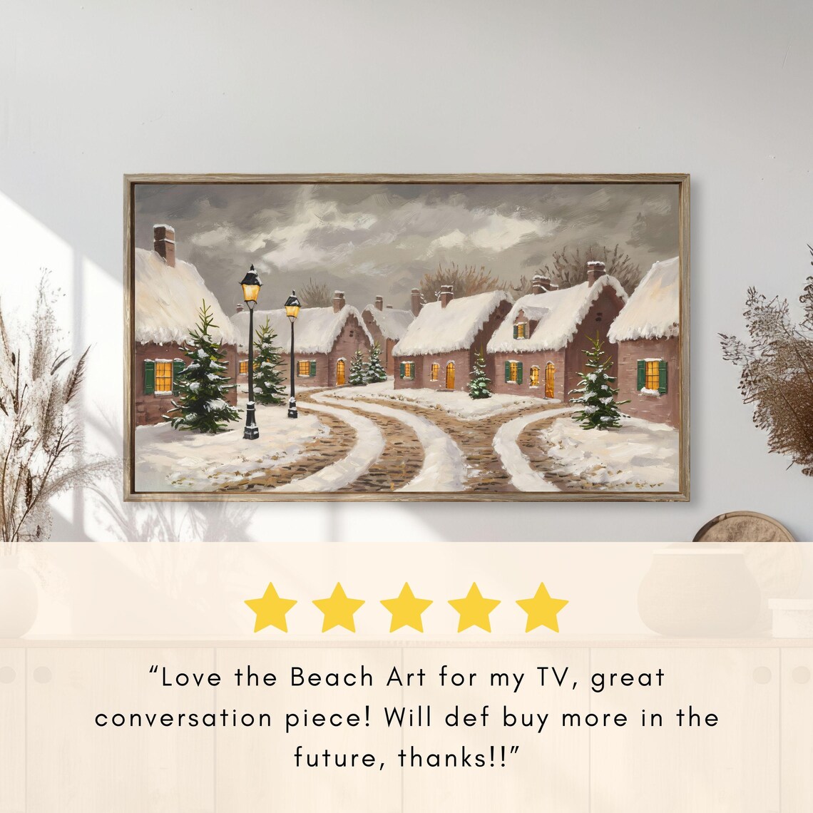 Snowy Village Winter Scene with Glowing Lamps Vintage Landscape Poster - Image 2