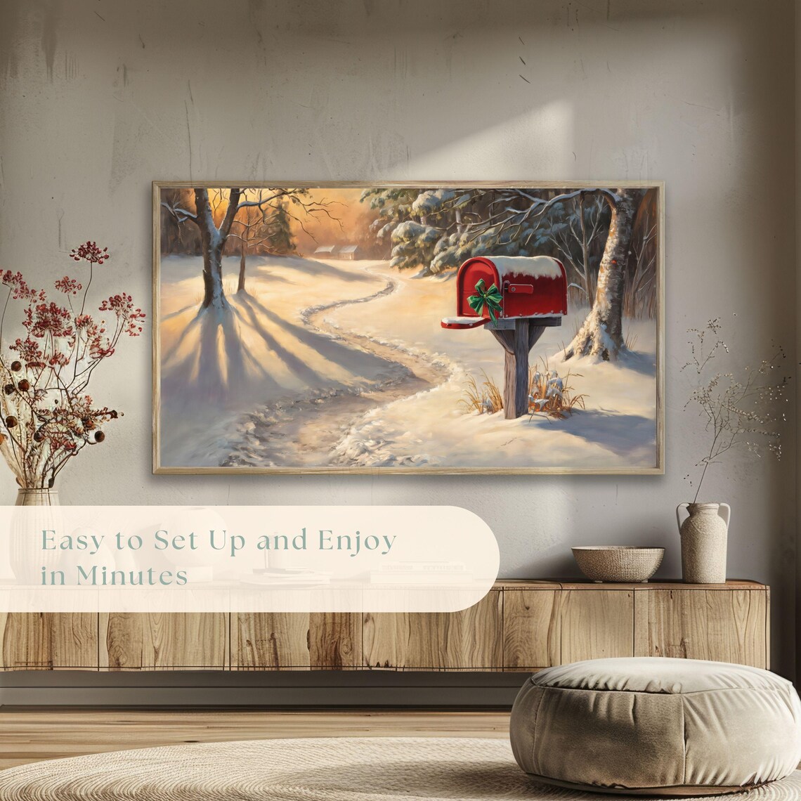 Red Mailbox Green Bow Snowy Woods Golden Light Painting Poster - Image 5