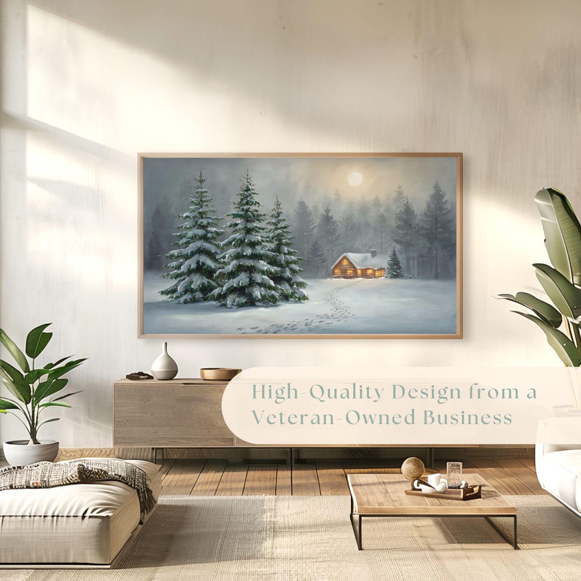 Glowing Log Cabin Snowy Forest Moonlit Night Vintage Winter Poster - Image 4