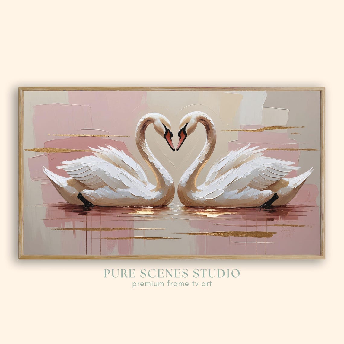 White Swans Heart Necks Romantic Pink Floral Painting Poster