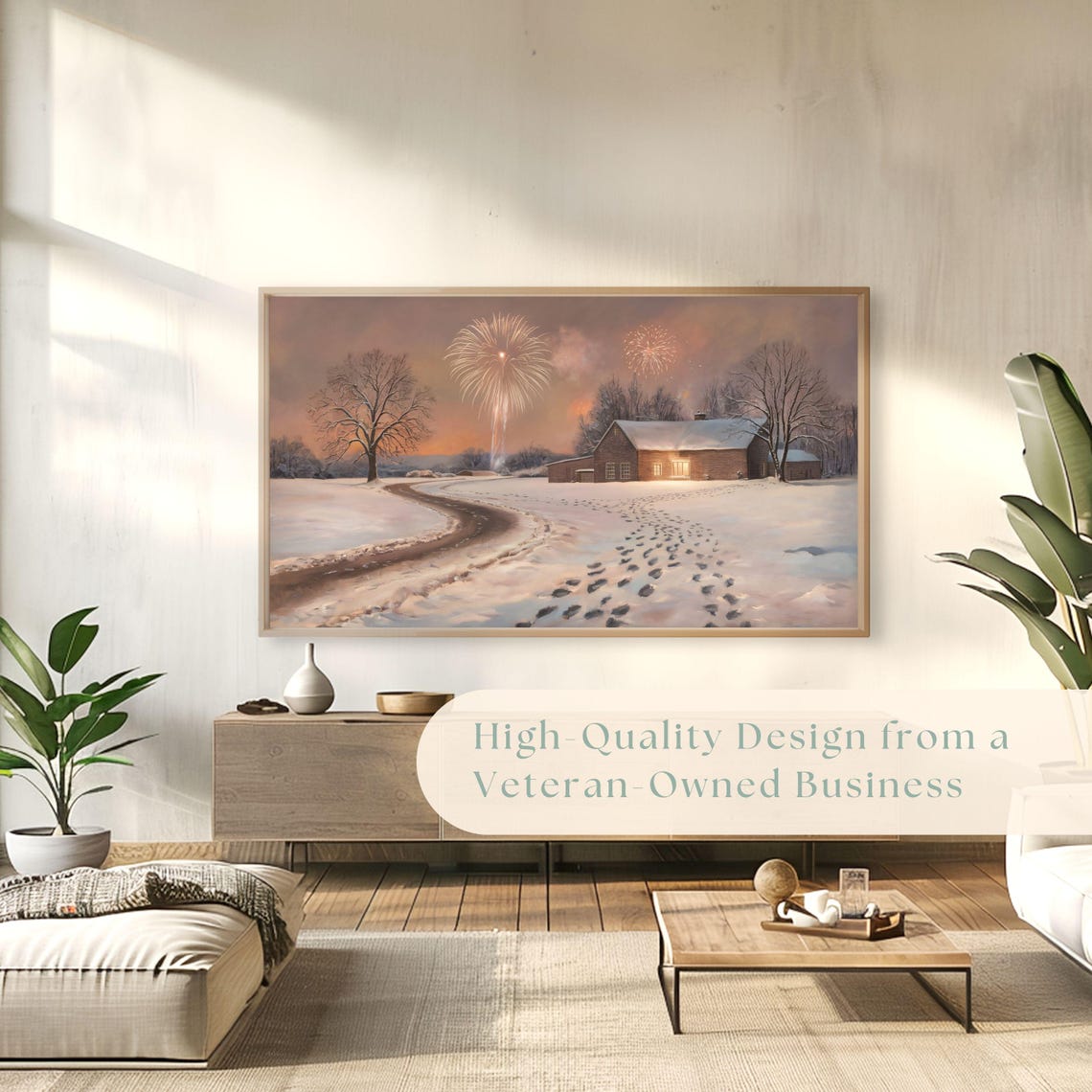 Snowy Farmhouse Fireworks Winter Celebration Painting Poster - Image 4