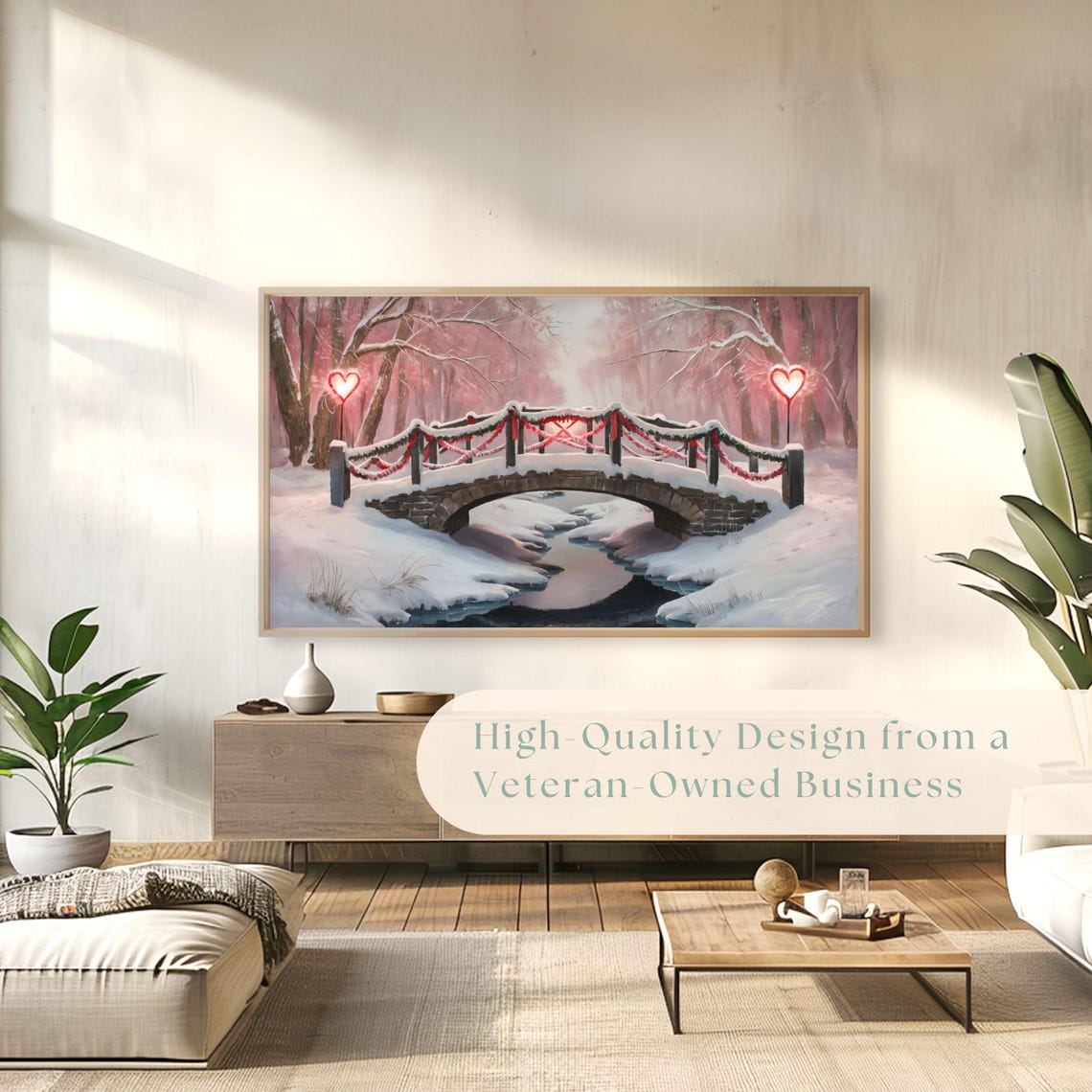 Snowy Stone Bridge Heart Lights Romantic Winter Painting Poster - Image 4