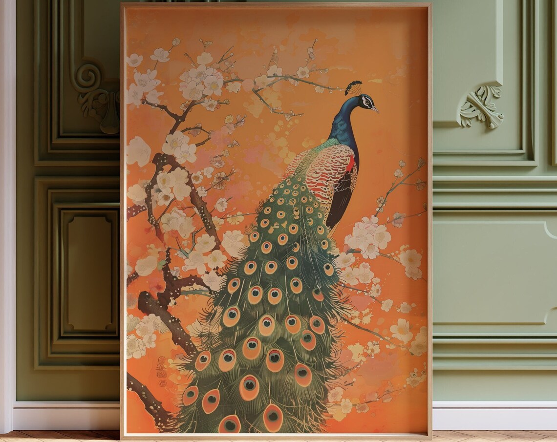 Orange Peacock Vintage Japanese Bird Art Print - Image 4
